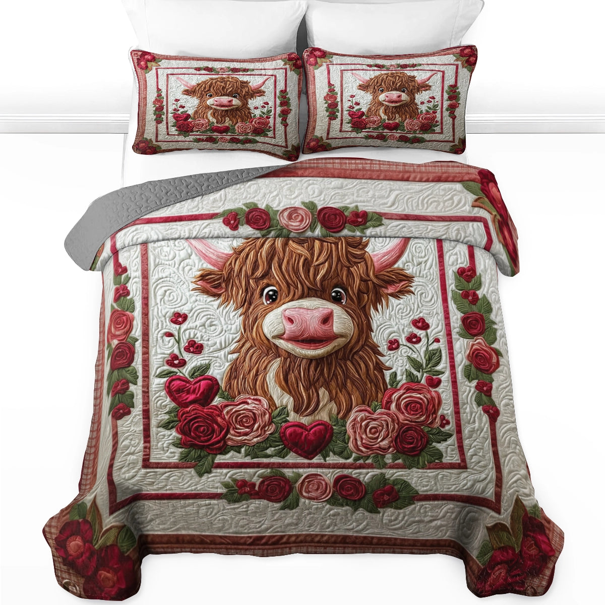 Shineful All Season Quilt 3-teiliges Set Cozy Valentine's Highland Cow