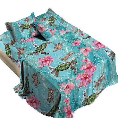 Shineful 4-Piece Bed Sheet Set - Sea Turtle Hibiscus