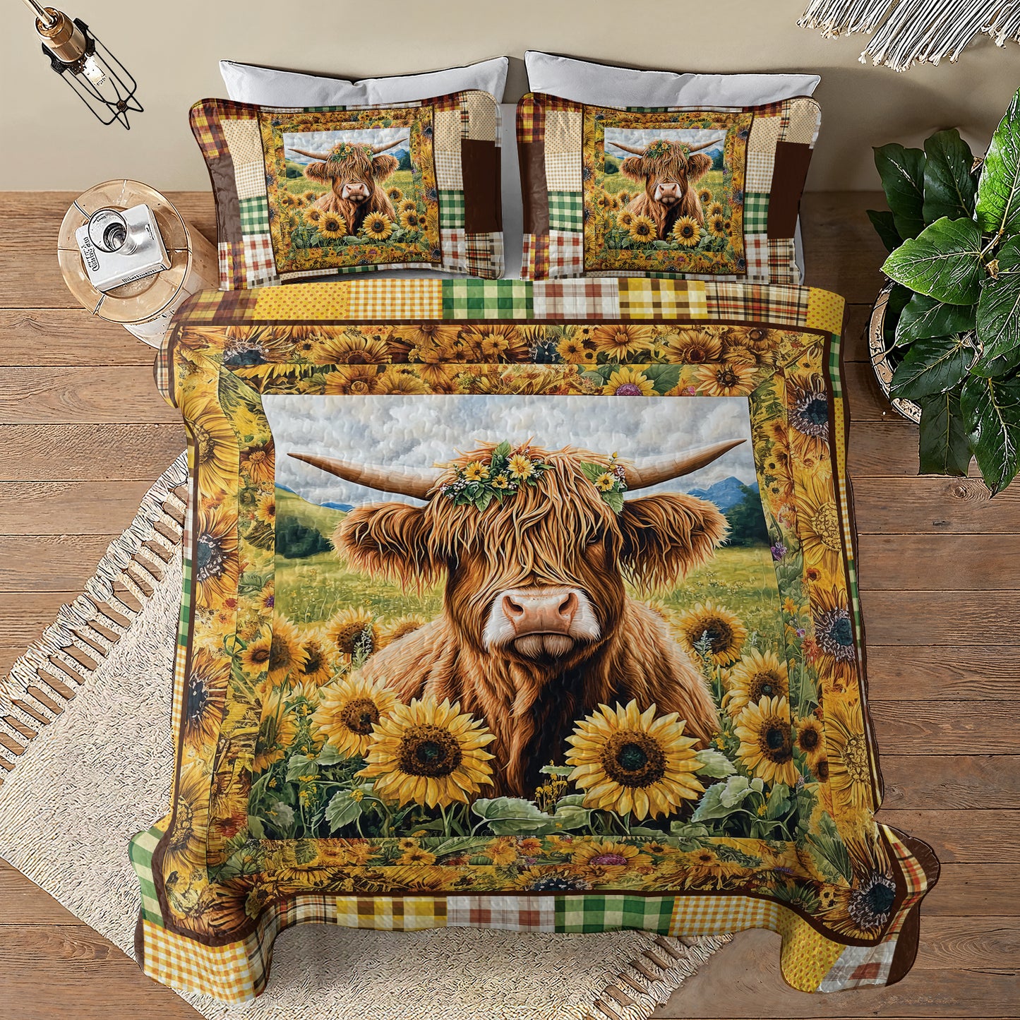 Ensemble de courtepointe toutes saisons Shineful 3 pièces - Couette rustique Highland Cow Farm