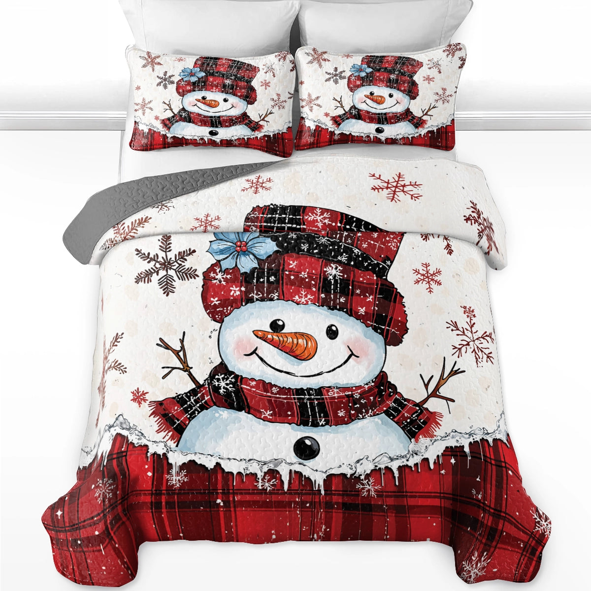 Shineful All Season Quilt 3-Piece Set - Plaid Snowman Joy