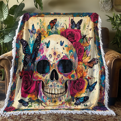 Shineful Woven Tapestry Throw Blanket Butterfly Skull