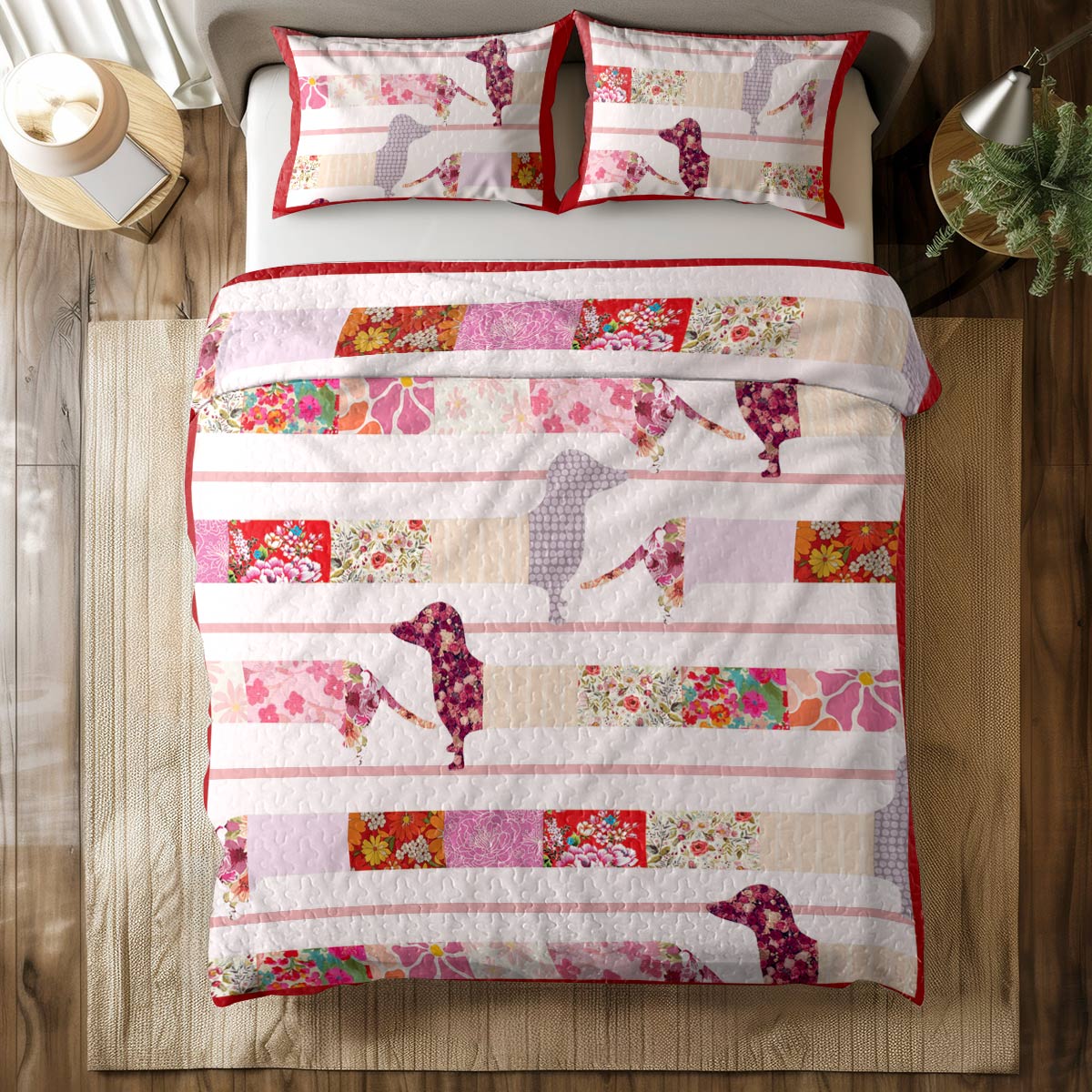 Shineful All Season Quilt 3-Piece Set Floral Dachshunds