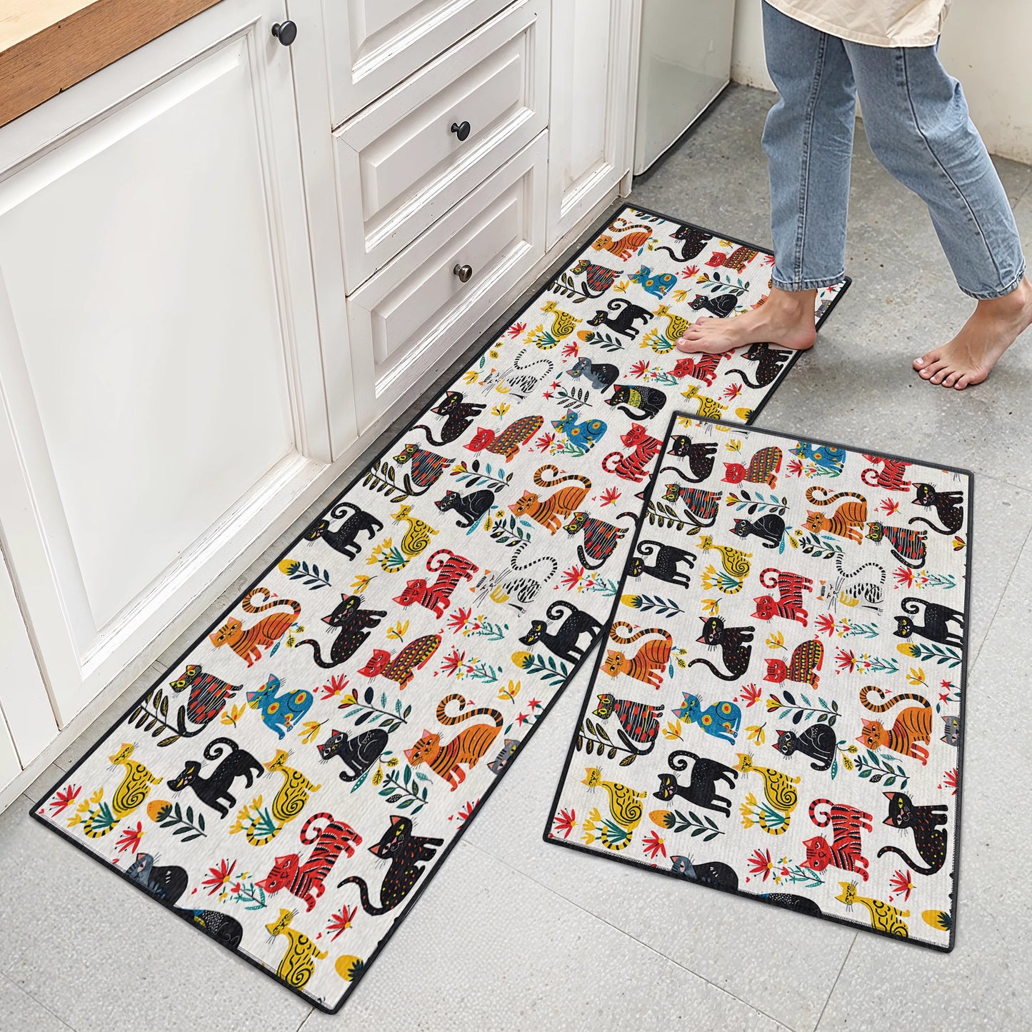 Shineful Ultra-Thin Non Skid Floor Mat, Kitchen Rugs Cute Whimsical Cat