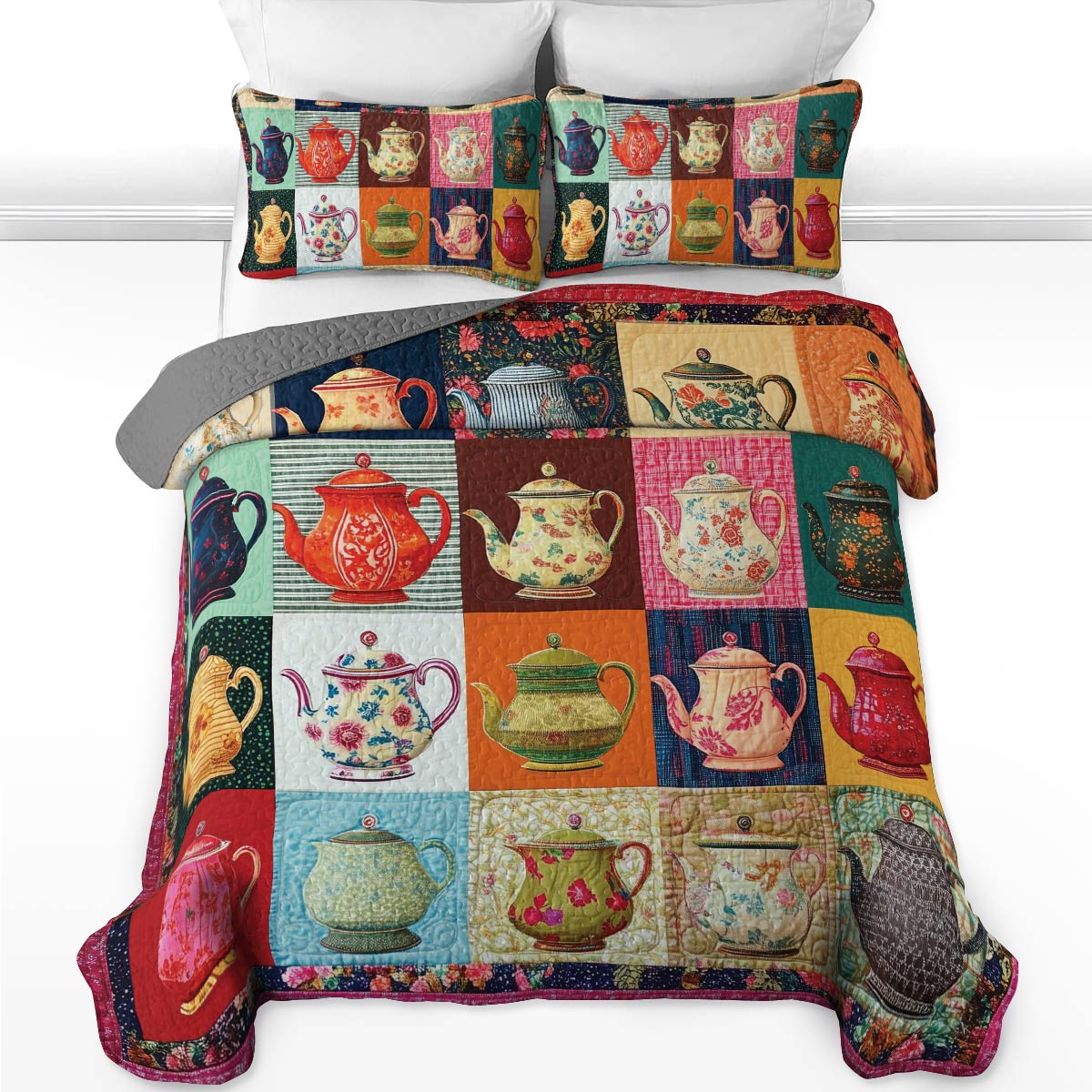 Shineful All Season Quilt 3-teiliges Set - Vintage Teekanne Patchwork 