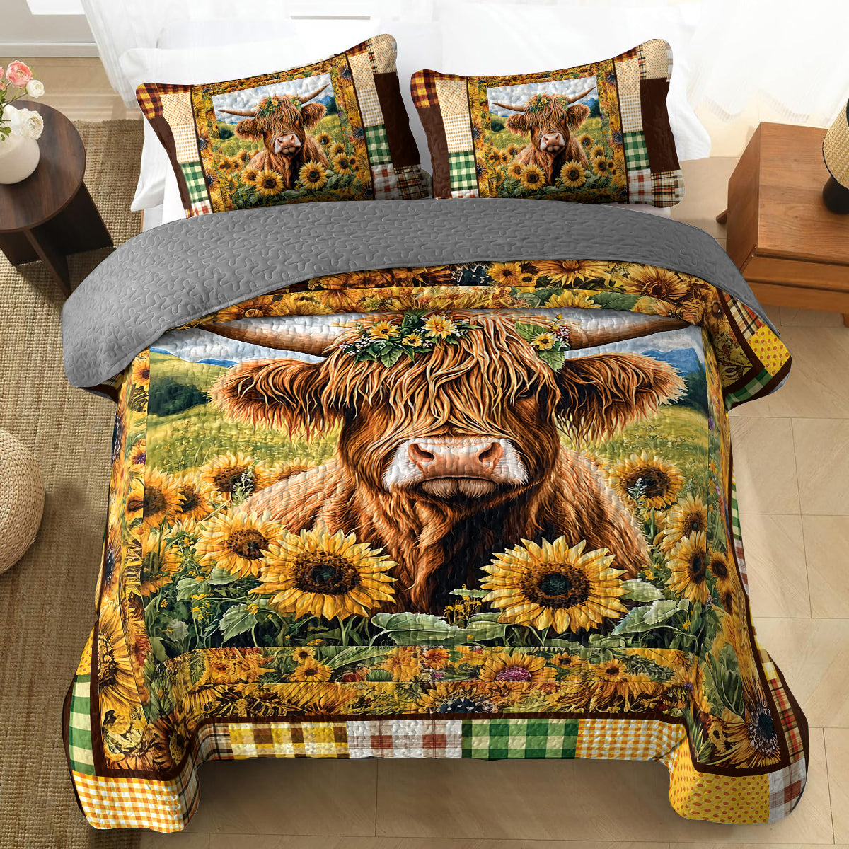 Ensemble de courtepointe toutes saisons Shineful 3 pièces - Couette rustique Highland Cow Farm