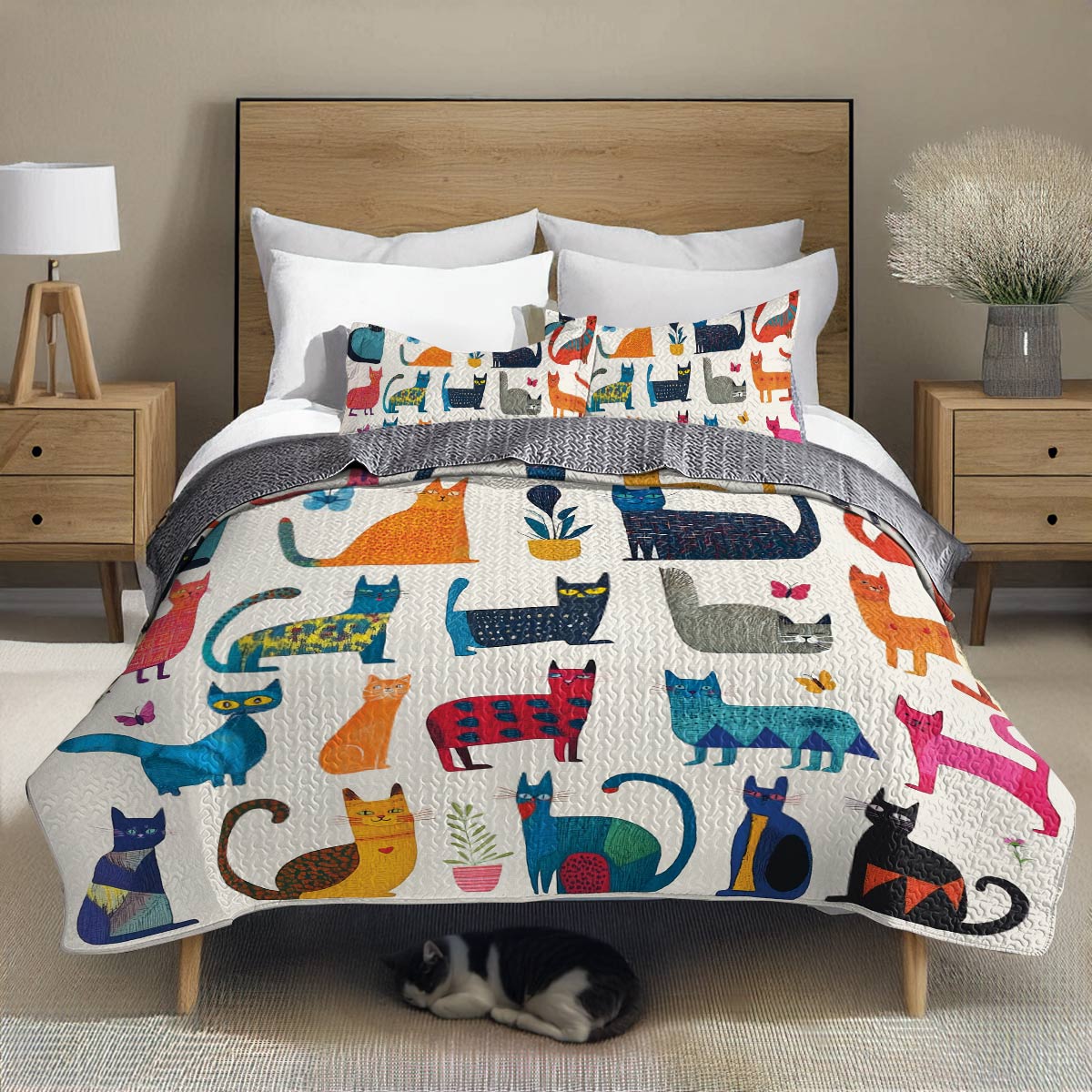 Shineful All Season Quilt 3-Piece Set - Colorful Cats Wonderland