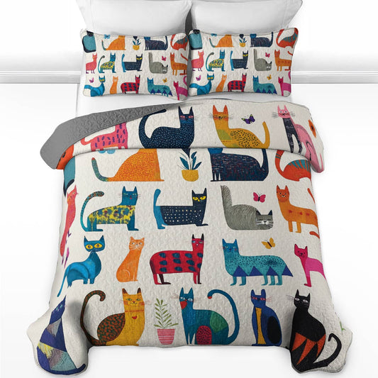 Shineful All Season Quilt 3-Piece Set - Colorful Cats Wonderland