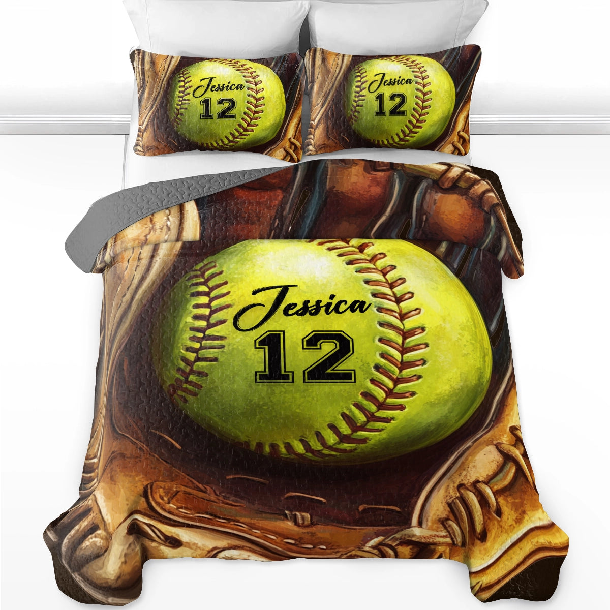 Shineful All Season Quilt 3-Piece Set Personalized Softball Dreams