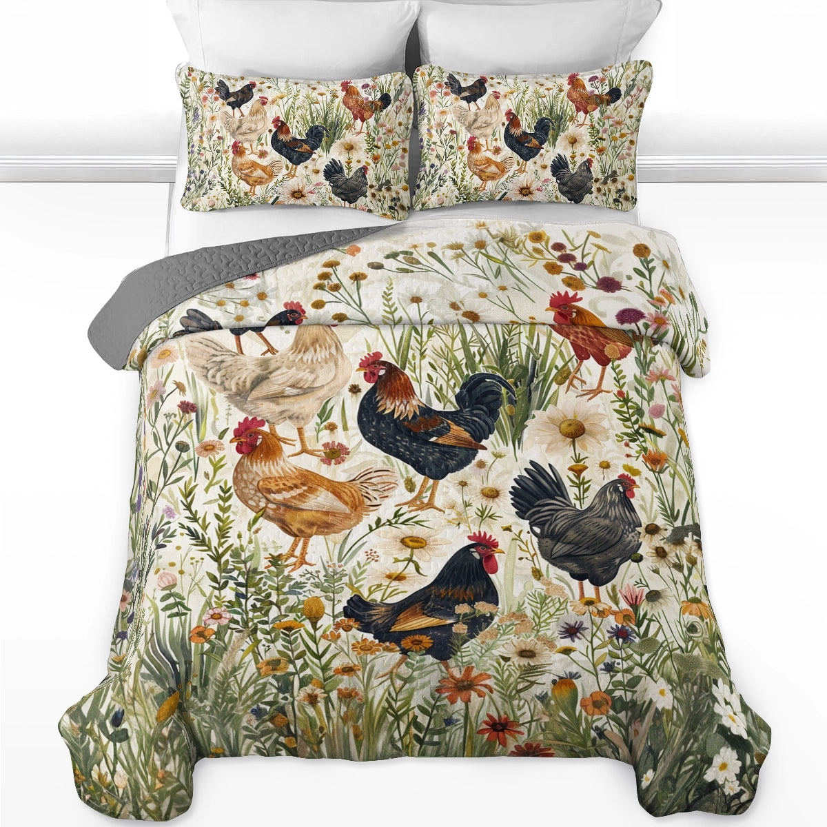 Shineful All Season Quilt 3-teiliges Set Floral Rustic Chicken Meadow