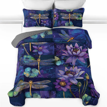 Shineful All Season Quilt 3-Piece Set Enchanted Dragonfly Lotus