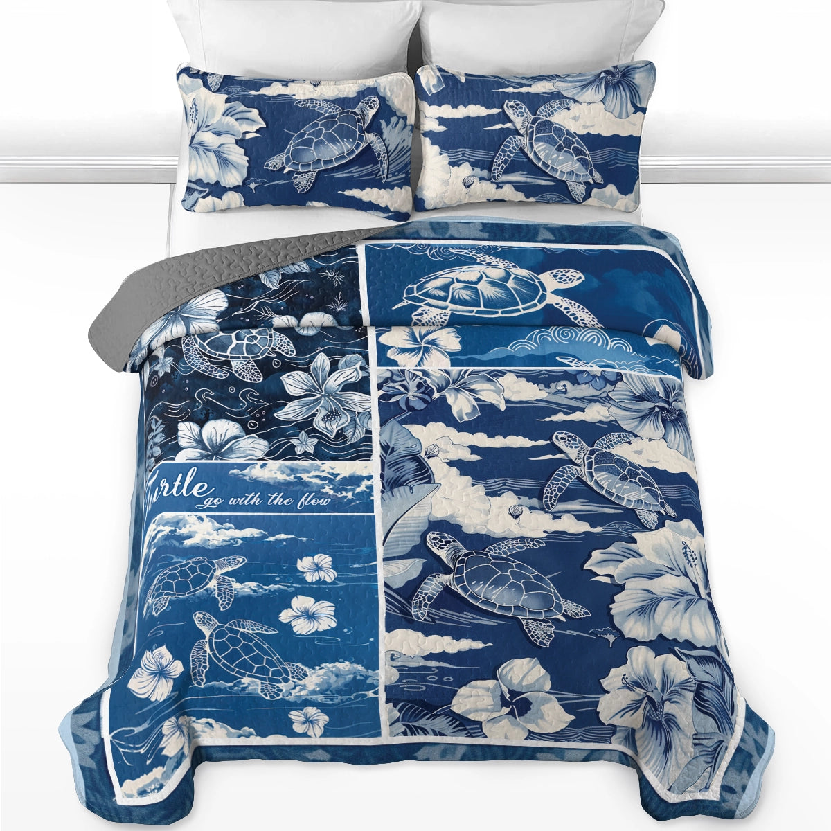 Ensemble de courtepointe toutes saisons Shineful 3 pièces Motif tortue de mer fluide Serenity