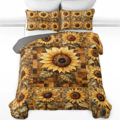 Shineful All Season Quilt 3-Piece Set Golden Rustic Sunflower