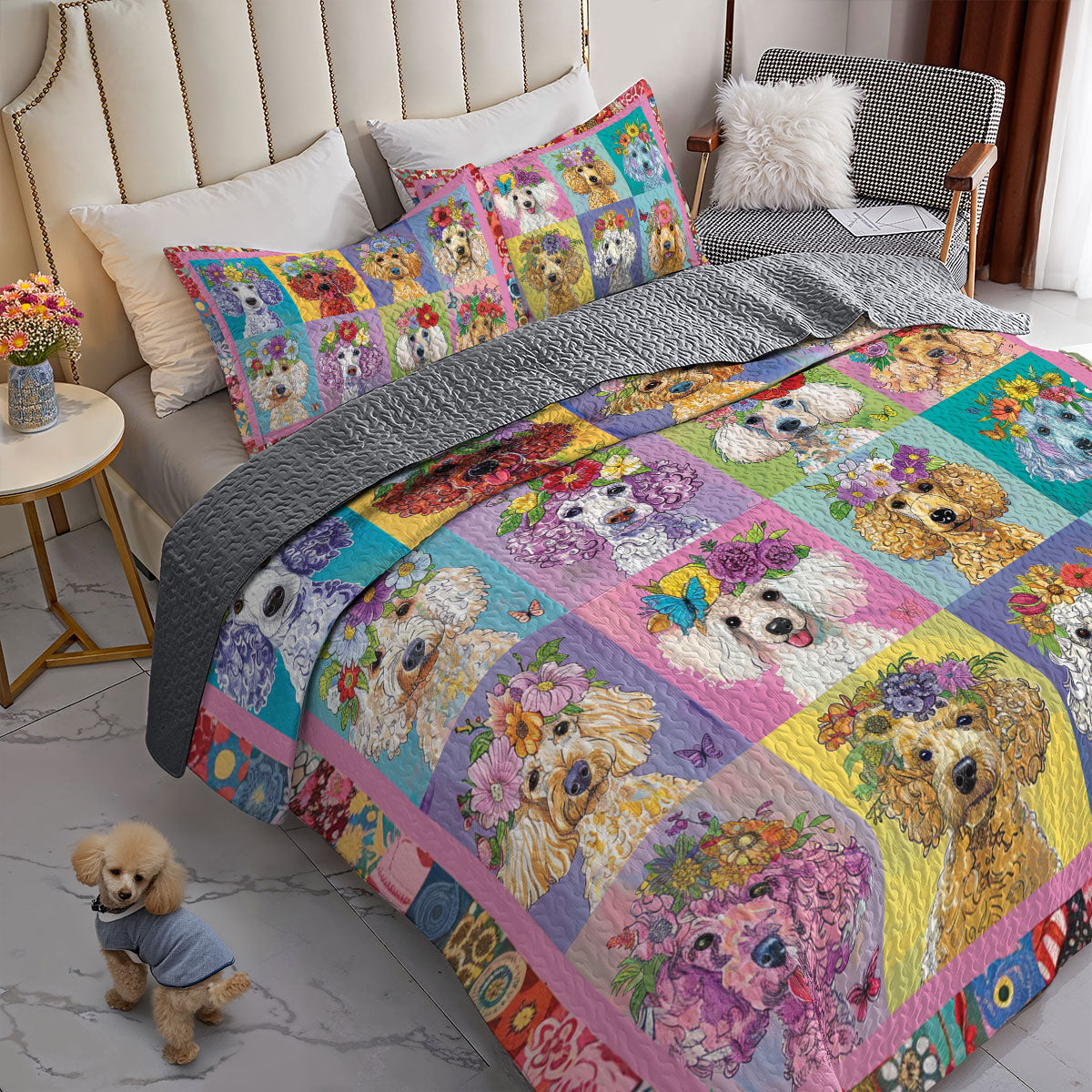 Shineful All Season Quilt 3-Piece Set Colorful Poodle