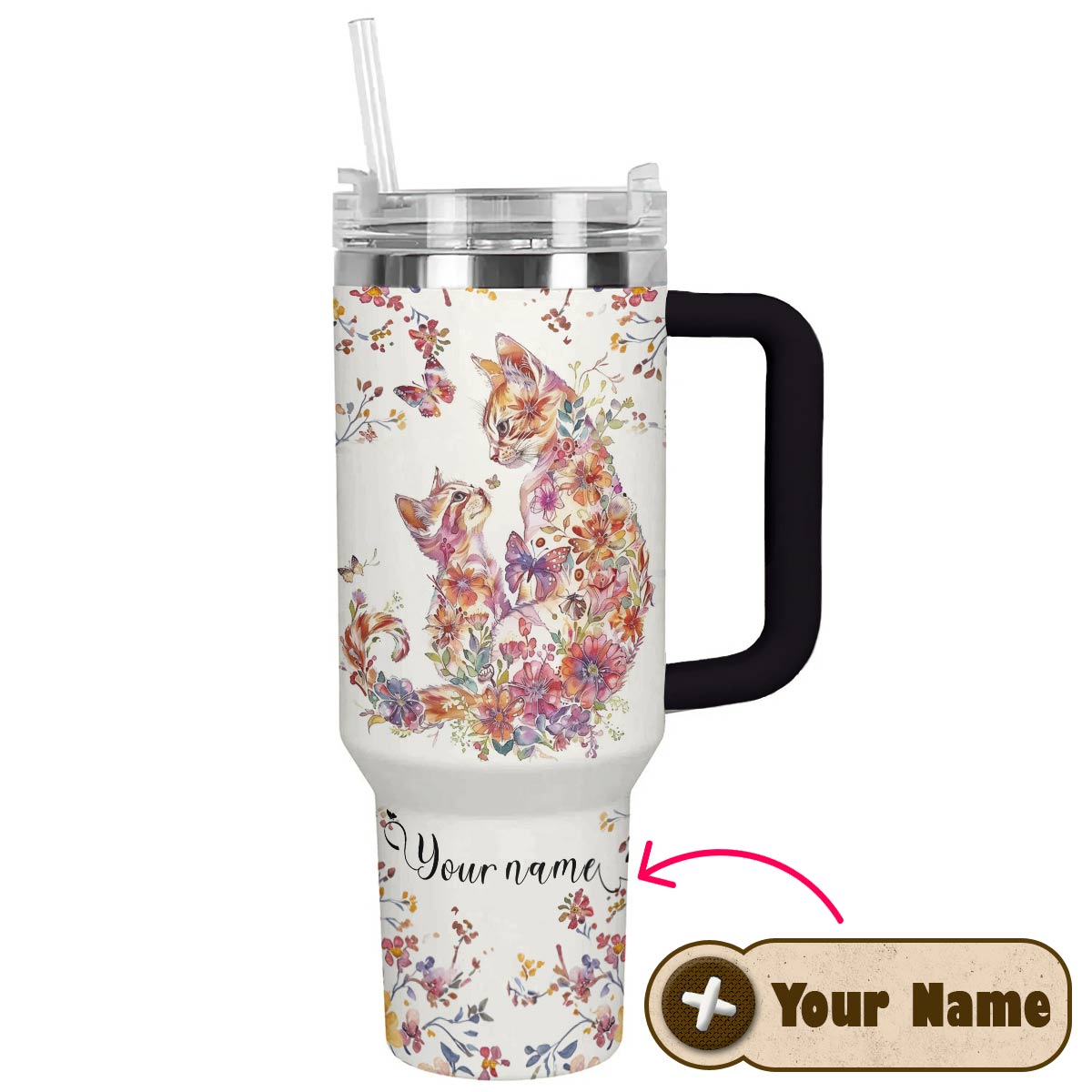 Glänzender Becher mit Blumenmotiv, Katzenmotiv