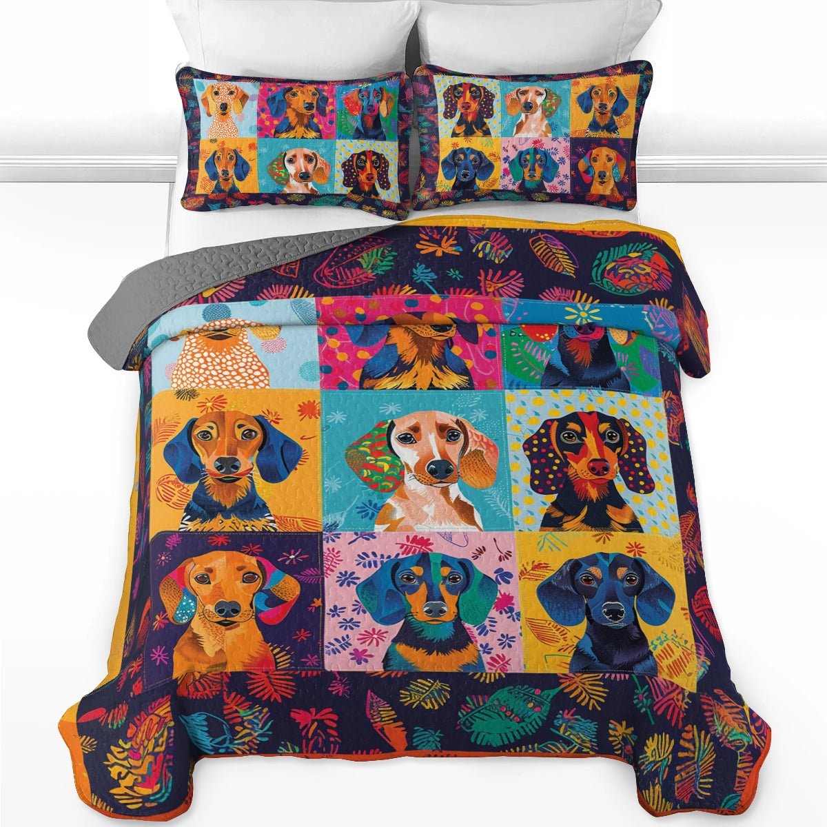 Shineful All Season Quilt 3-Piece Set Vibrant Patchwork Dachshund