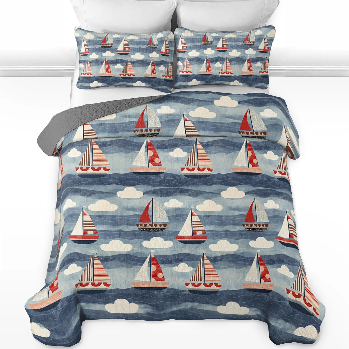 Shineful All Season Quilt 3-Piece Set Sailing Sailboat Serenity