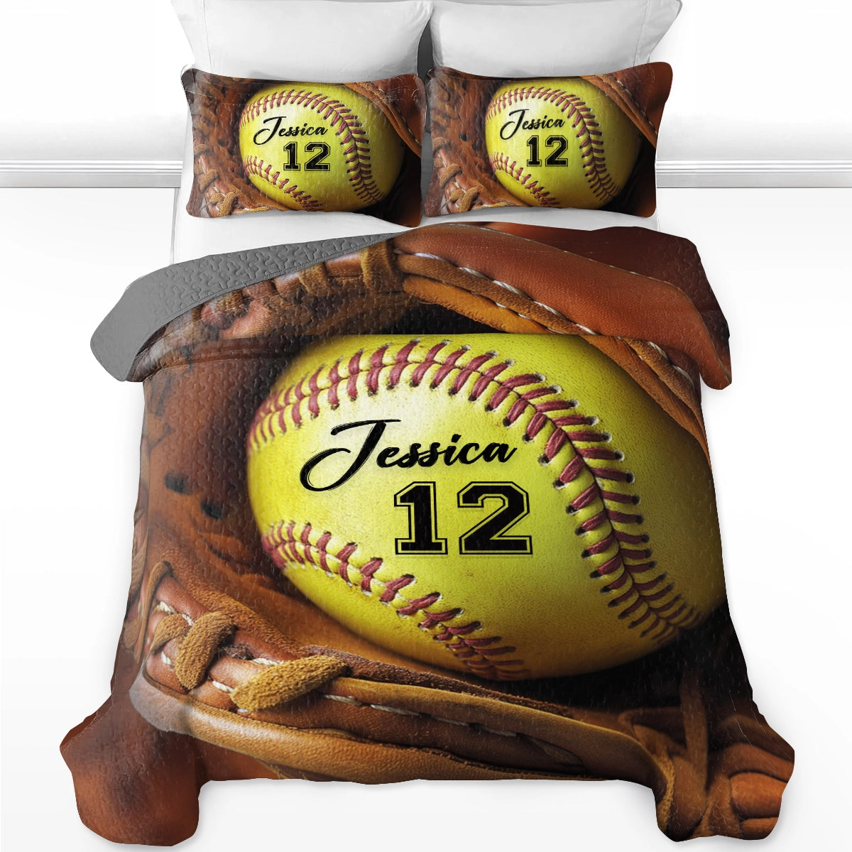 Shineful All Season Quilt 3-Piece Set Personalized Softball Star