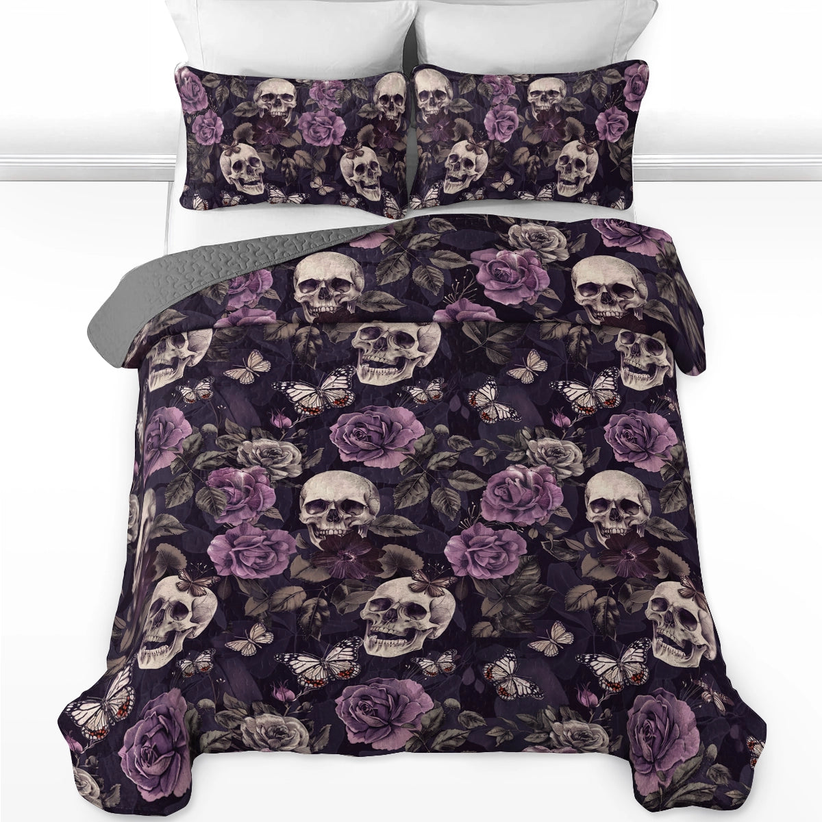 Shineful All Season Quilt 3-Piece Set Midnight Skulls and Roses