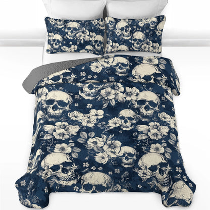 Shineful All Season Quilt 3-Piece Set Midnight Skull Blooms