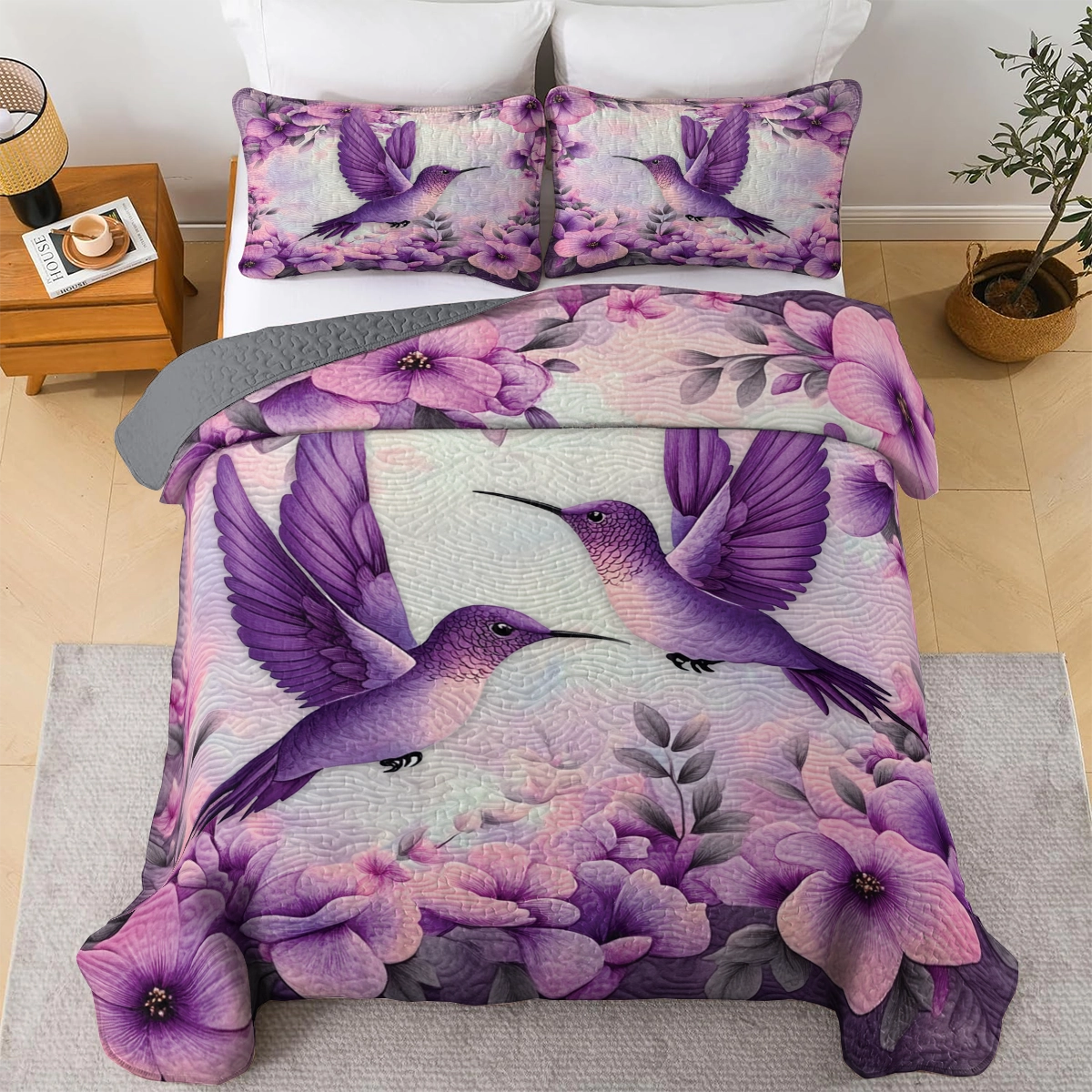 Shineful All Season Quilt 3-Piece Set - Purple Bliss Hummingbird