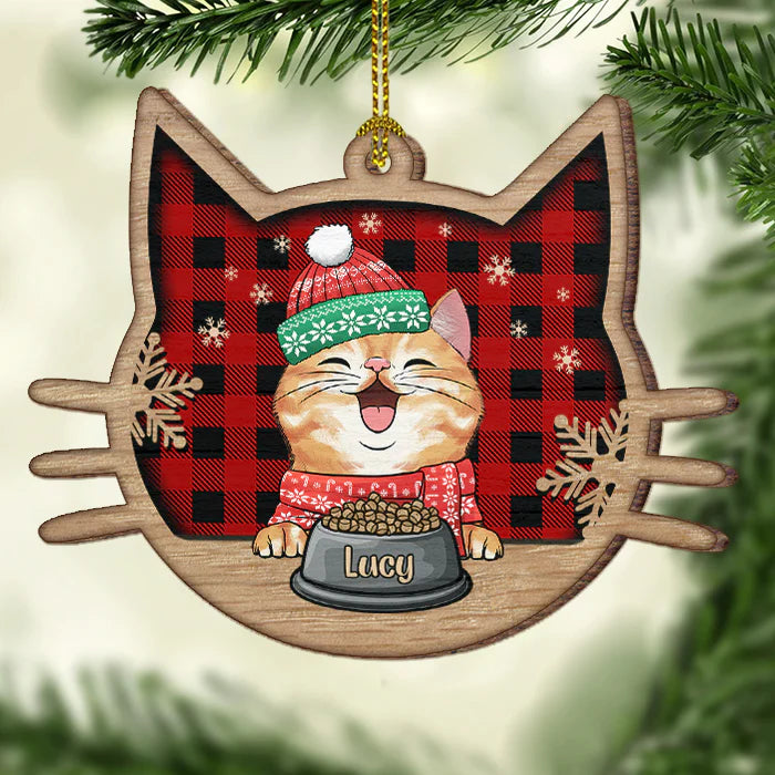 Glänzendes Dekorationsornament als Geschenk für Katzenliebhaber – „Fröhliche Katze an Weihnachten“ – personalisiertes Holzornament in Katzengesichtsform 