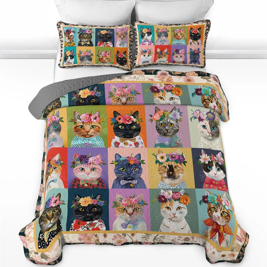 Shineful All Season Quilt 3-Piece Set Floral Cat Fantasy