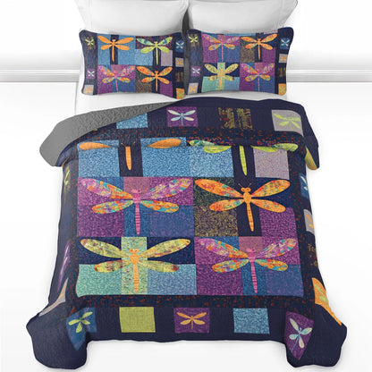 Shineful All Season Quilt 3-Piece Set Dragonfly Patchwork Paradise