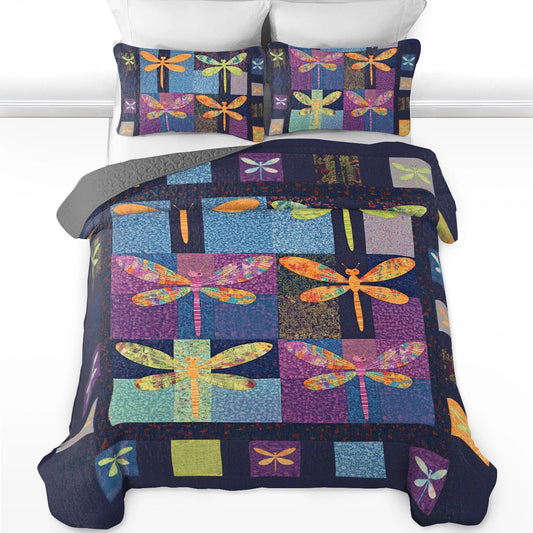 Shineful All Season Quilt 3-Piece Set Dragonfly Patchwork Paradise