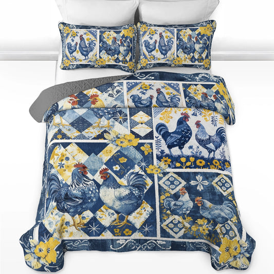 Shineful All Season Quilt 3-Piece Set Blue Rooster