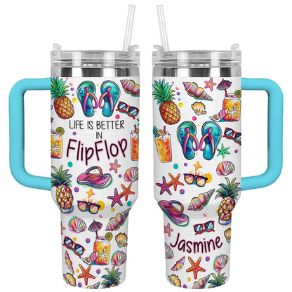 Glänzender Becher mit personalisiertem Sunny Flipflop