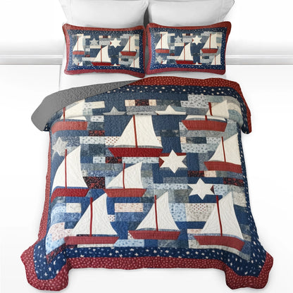 Shineful All Season Quilt 3-Piece Set Sailing Patriotic Sailboats