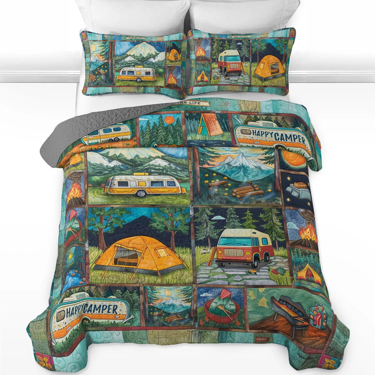 Shineful All Season Quilt 3-Piece Set Camping Happy Camper