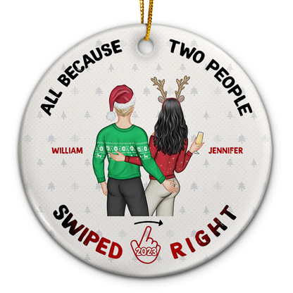 Christmas Swiped Right - Gift For Couples Personalized Custom Circle Ceramic Ornament