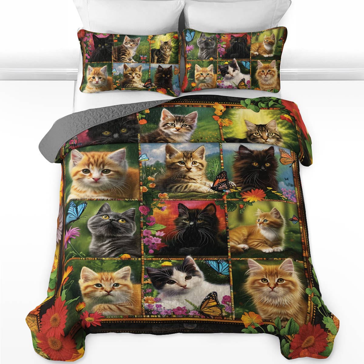 Shineful All Season Quilt 3-Piece Set Cat Elegent Flower