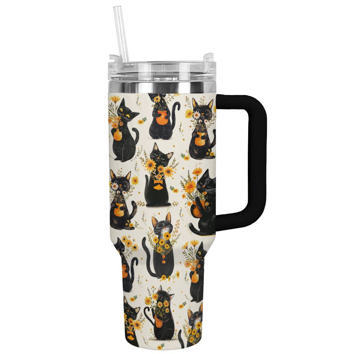 Glänzendes Becher-Set mit Katze und gelber Blume