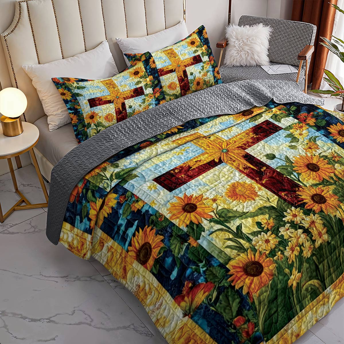 Shineful All Season Quilt 3-Piece Set Sunflower Cross