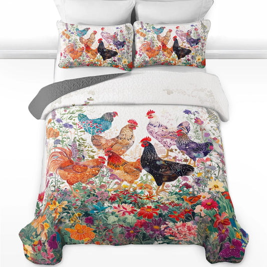 Shineful All Season Quilt 3-Piece Set Chicken Rooster Garden Bliss