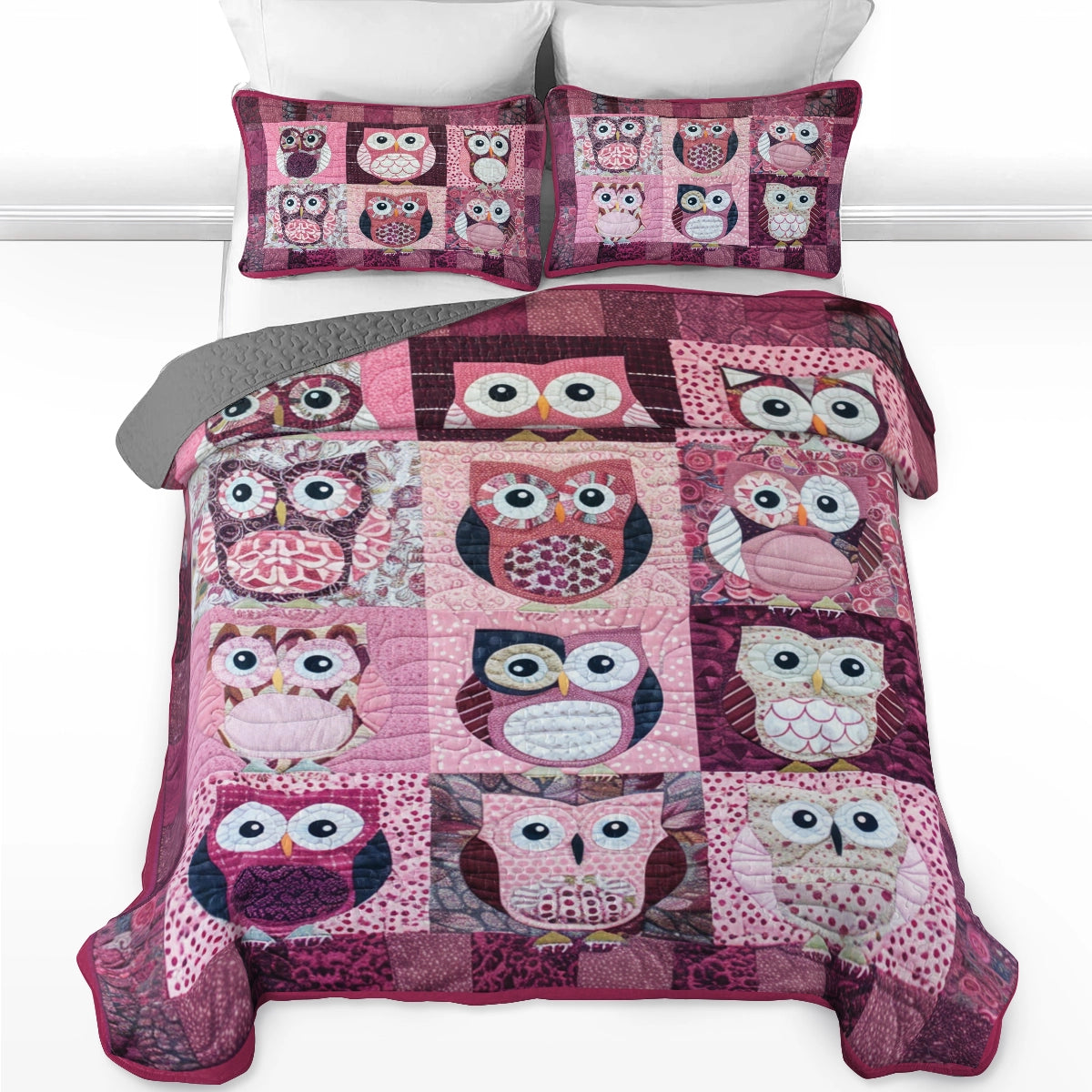 Shineful All Season Quilt 3-Piece Set Charming Pink Owl