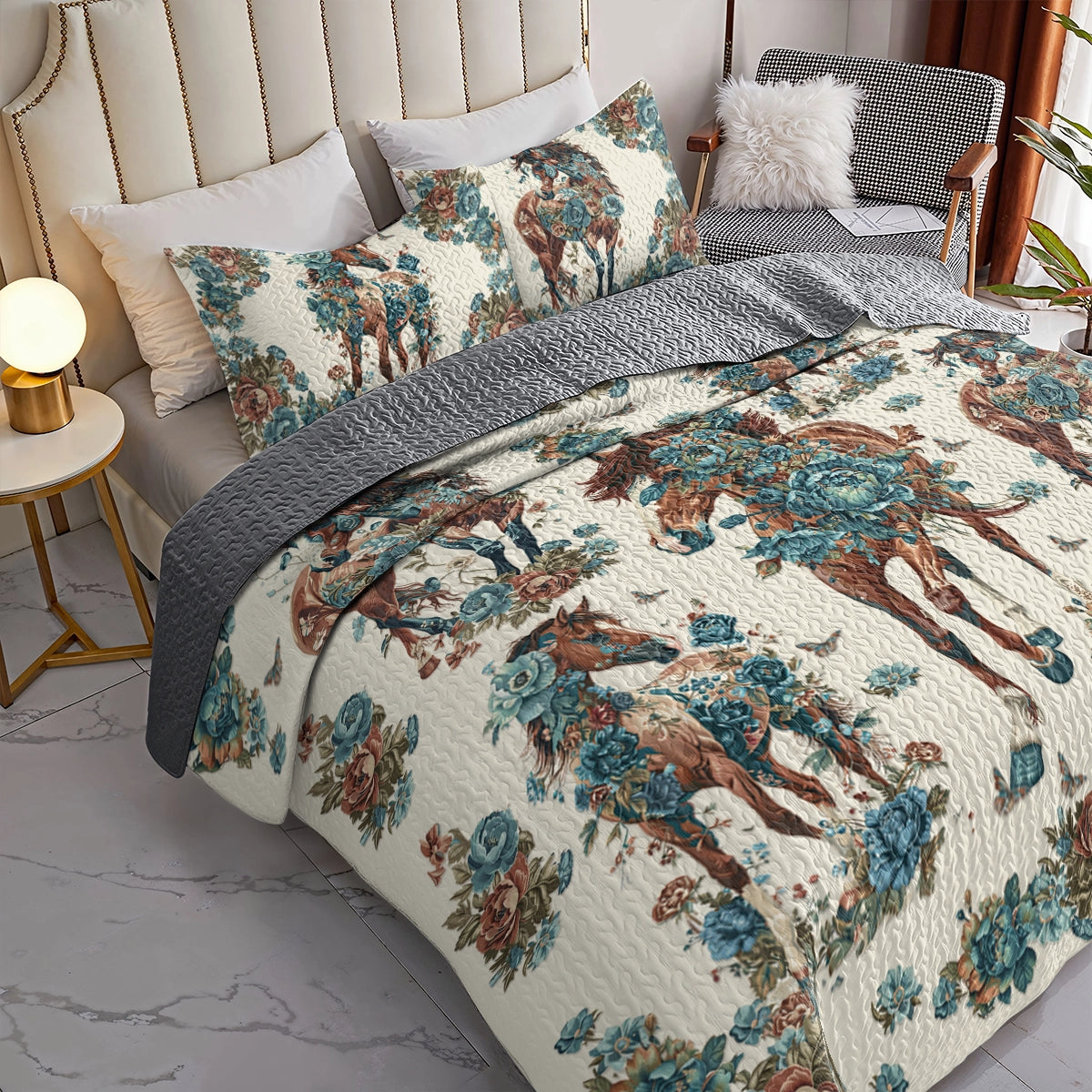 Shineful All Season Quilt 3-Piece Set Horse Floral Gallop