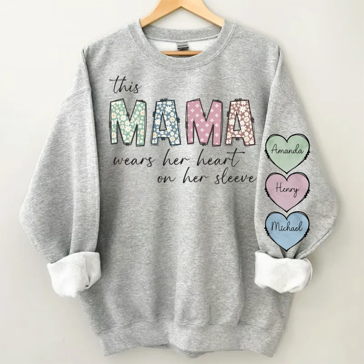 Shineful Sweatshirts 2D Print Personalized This Mama Wear Her Heart On Her Sleeve