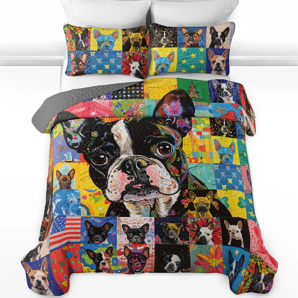 Shineful All Season Quilt 3-teiliges Set Boston Terrier Patchwork