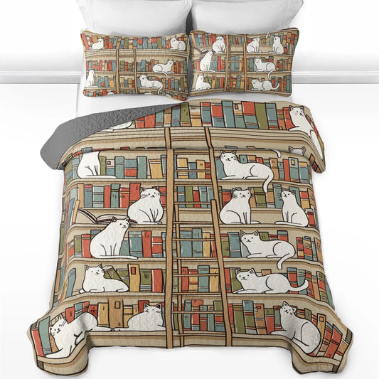 Shineful All Season Quilt 3-Piece Set Cozy Library Cats