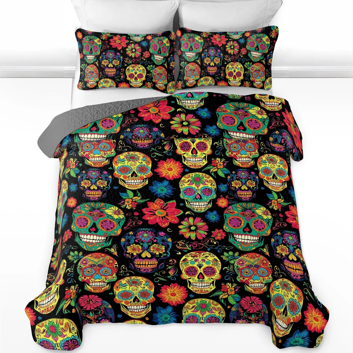 Shineful All Season Quilt 3-Piece Set Vibrant Calaveras Skull