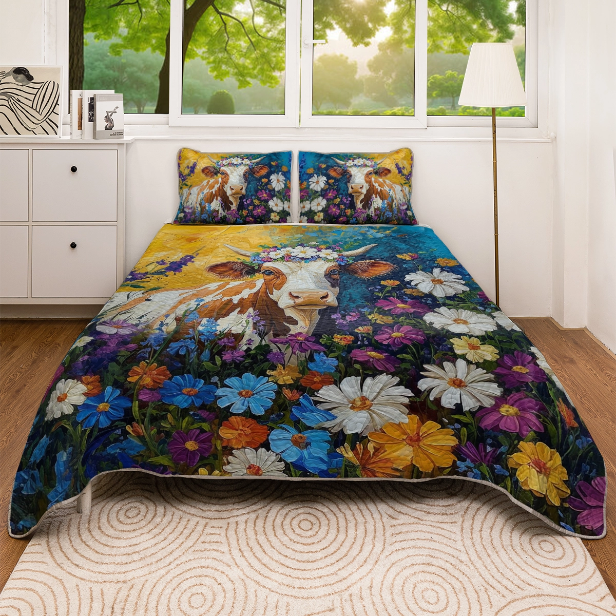 Shineful All Season Quilt 3-Piece Set - Floral Fantasy Cow