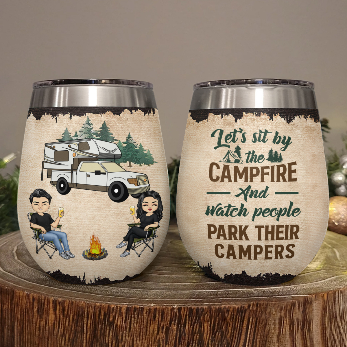 Shineful Let's Sit By The Campfire Husband Wife Camping Personalized Wine Tumbler