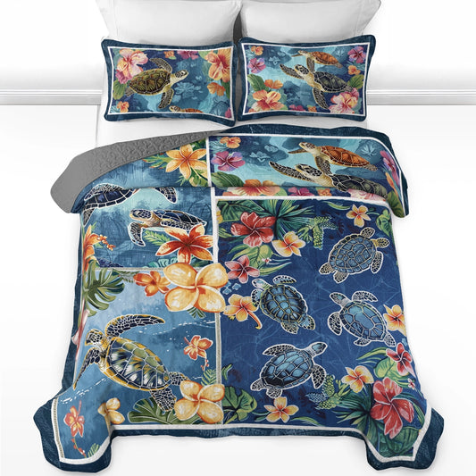 Shineful All Season Quilt 3-Piece Set Hibiscus Gentle Sea Turtle