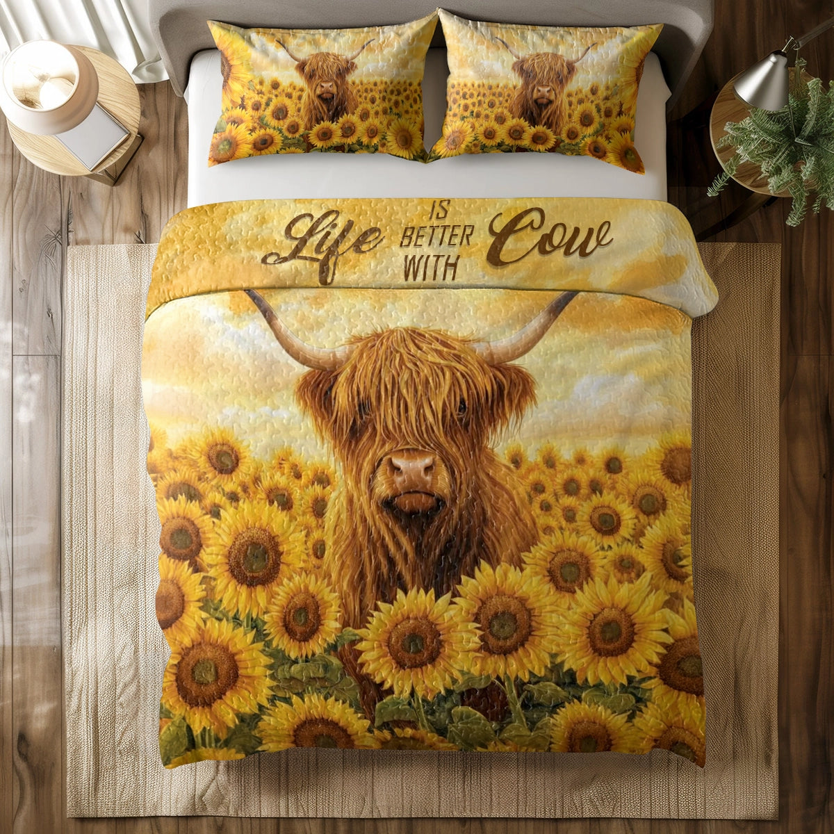 Shineful All Season Quilt 3-Piece Set - Sunflower Snuggles Highland Cow