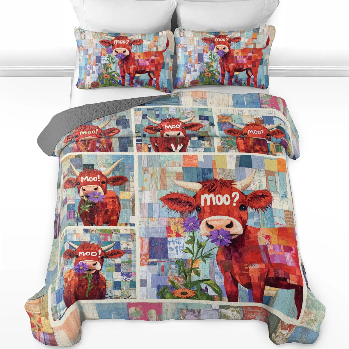 Shineful All Season Quilt 3-Piece Set Cow Moo Patchwork Delight