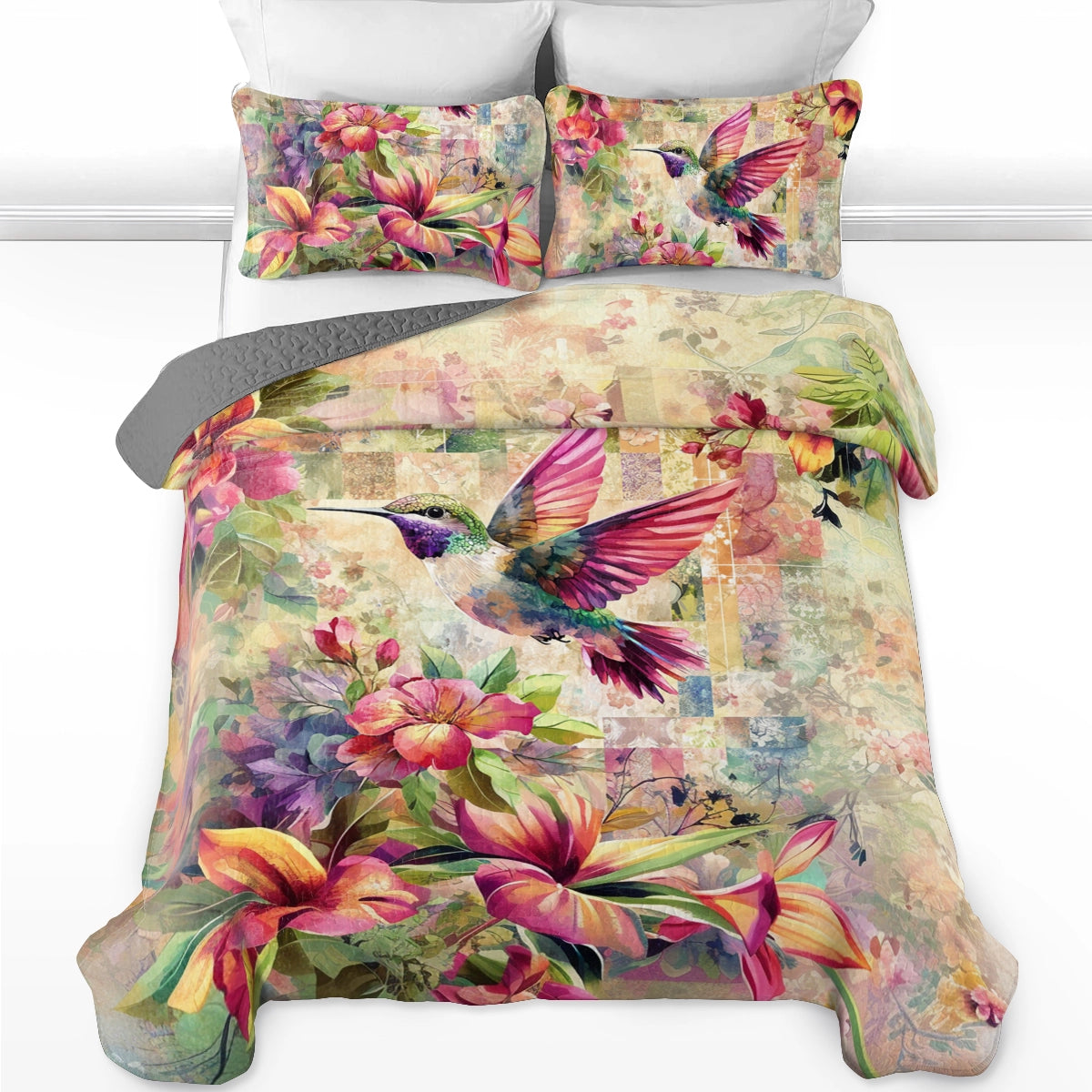 Shineful All Season Quilt 3-Piece Set Hummingbird Floral Flight