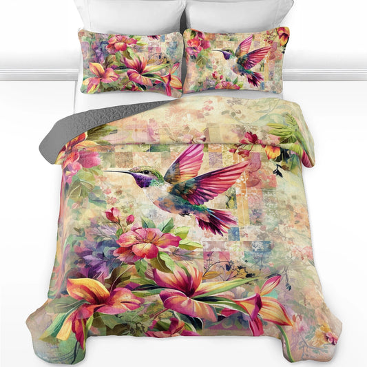 Ensemble de courtepointe toutes saisons Shineful 3 pièces Vol floral colibri